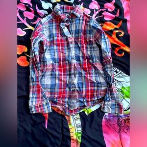 Children place button up blue and red plaid shirt size m 7/8 long sleeve